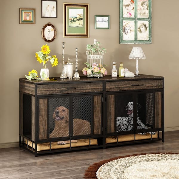 FUFU&GAGA Large Pet Crate Dog House Furniture with Drawers, Indoor Mesh and Wooden Dog Kennels for Large Dogs, Walnut and Black