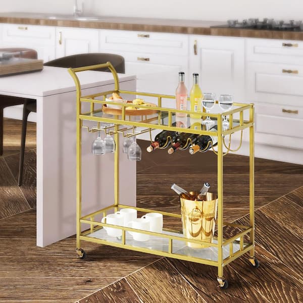 Bar Cart, Gold, Metal Kitchen Cart with Locking Casters and wheels, Rolling Alcohol Cart with Tempered Glass Shelves