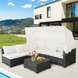 6-Piece Wicker Patio Conversation Set Retractable Canopy Furniture Set with Off White Cushions
