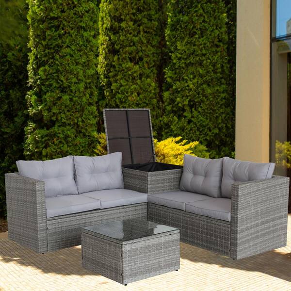 4 Piece Patio Wicker Rattan Outdoor Furniture Sectional Sofa Set Storage Box with Grey Cushions in Grey