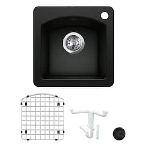 Diamond Granite Composite 15 in. 1-Hole Drop-in/Undermount Bar Sink Kit in Coal Black with Accessories