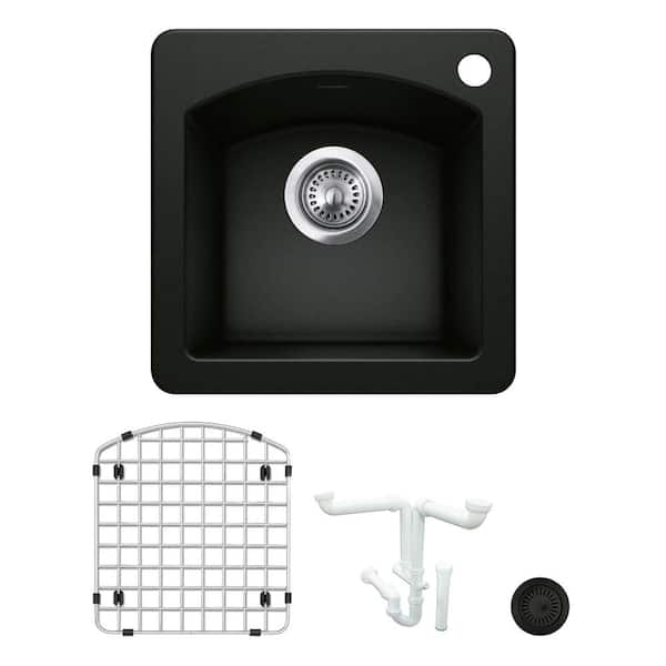 Blanco Diamond Granite Composite 15 in. 1-Hole Drop-in/Undermount Bar Sink Kit in Coal Black with Accessories