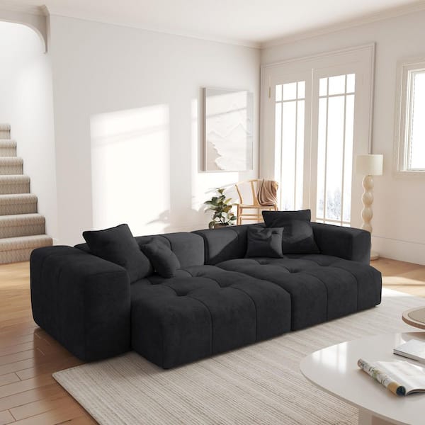 105 in. Black Linen Square Arm Linen Chaise Lounge, Oversized 2-Seater Modular Sectional Sofa for Office, Living Room