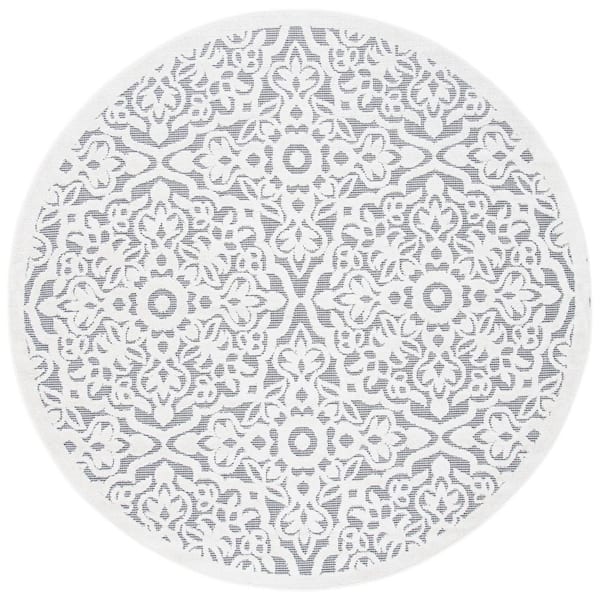 SAFAVIEH Cabana Ivory/Gray 7 ft. x 7 ft. Border Medallion Indoor/Outdoor Patio  Round Area Rug