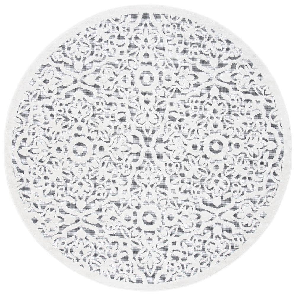Ivory and Grey Floral Round Synthetic Indoor/Outdoor Rug