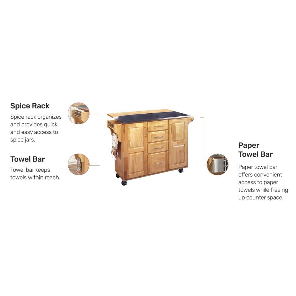 Natural Wood Kitchen Cart with Stainless Steel Top and Drop Leaf