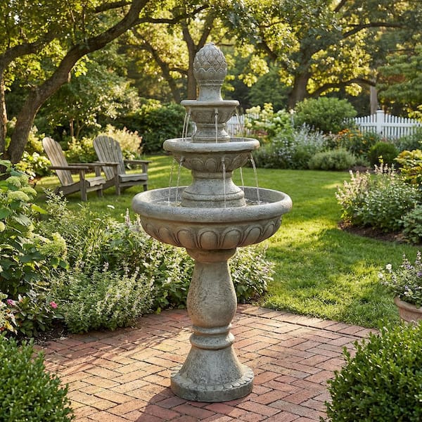 42.5 in. Concrete 3-Tiered Cascading Waterfall Tiered Fountain with Pinecone-Top Finial, with Pump