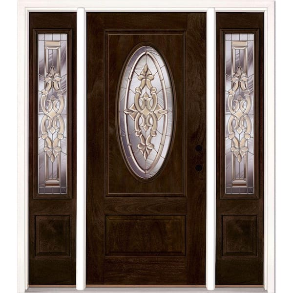 Feather River Doors 63.5 in.x81.625in.Silverdale Zinc 3/4 Oval Lt Stained Chestnut Mahogany Lt-Hd Fiberglass Prehung Front Door w/Sidelites