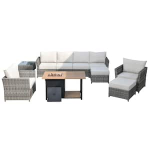 Eufaula Gray 10-Piece Wicker Outdoor Patio Conversation Sofa Set with a Storage Fire Pit and Coarse Beige Cushions