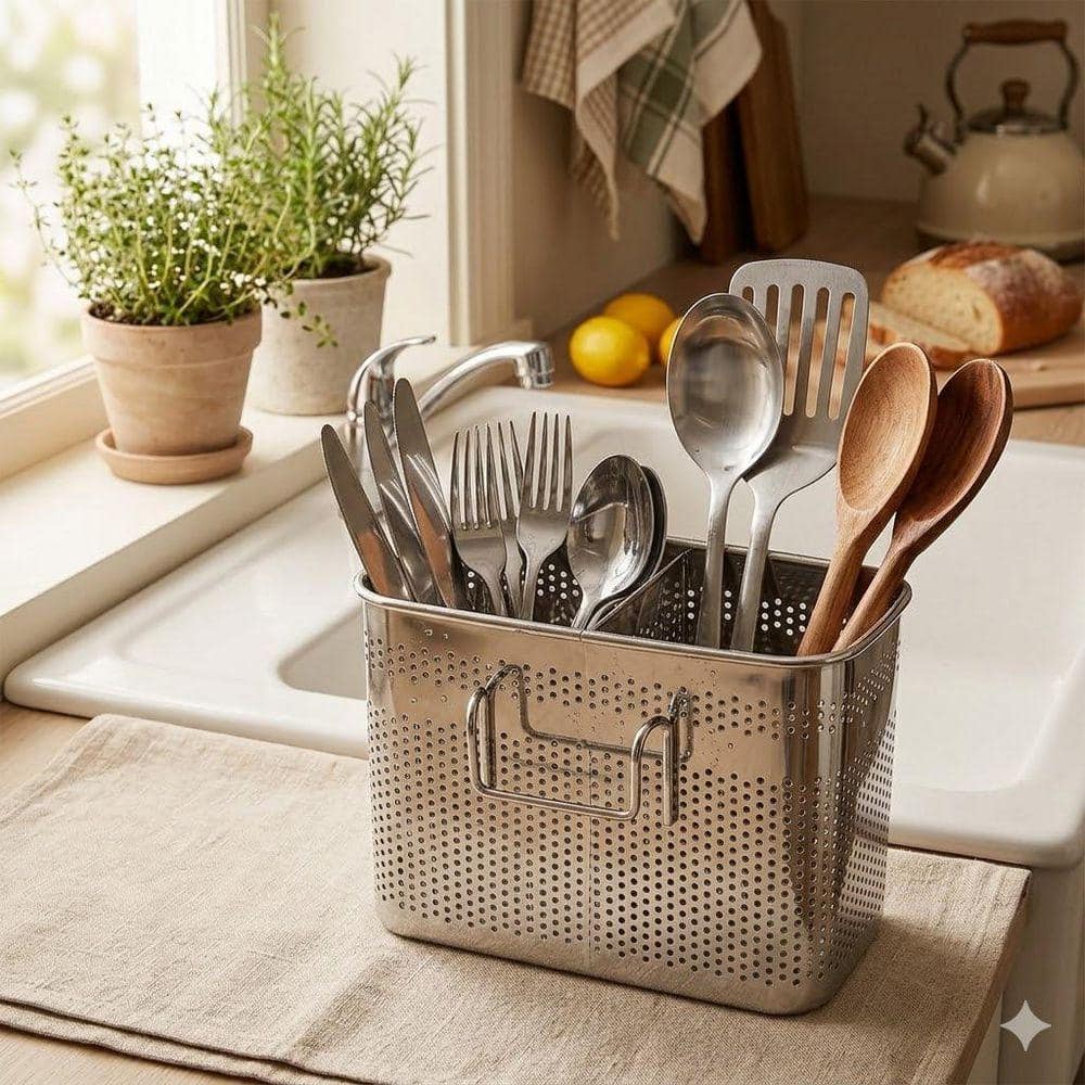 JFVKAF Silver Stainless Steel Kitchen Utensils Holder Basket with Hooks ...