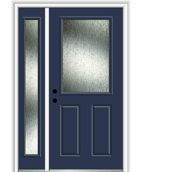 MMI Door 53 in. x 81.75 in. Right-Hand Inswing 1/2 Lite Rain Glass 2-Panel Painted Naval Prehung Front Door on 4-9/16 in. Frame