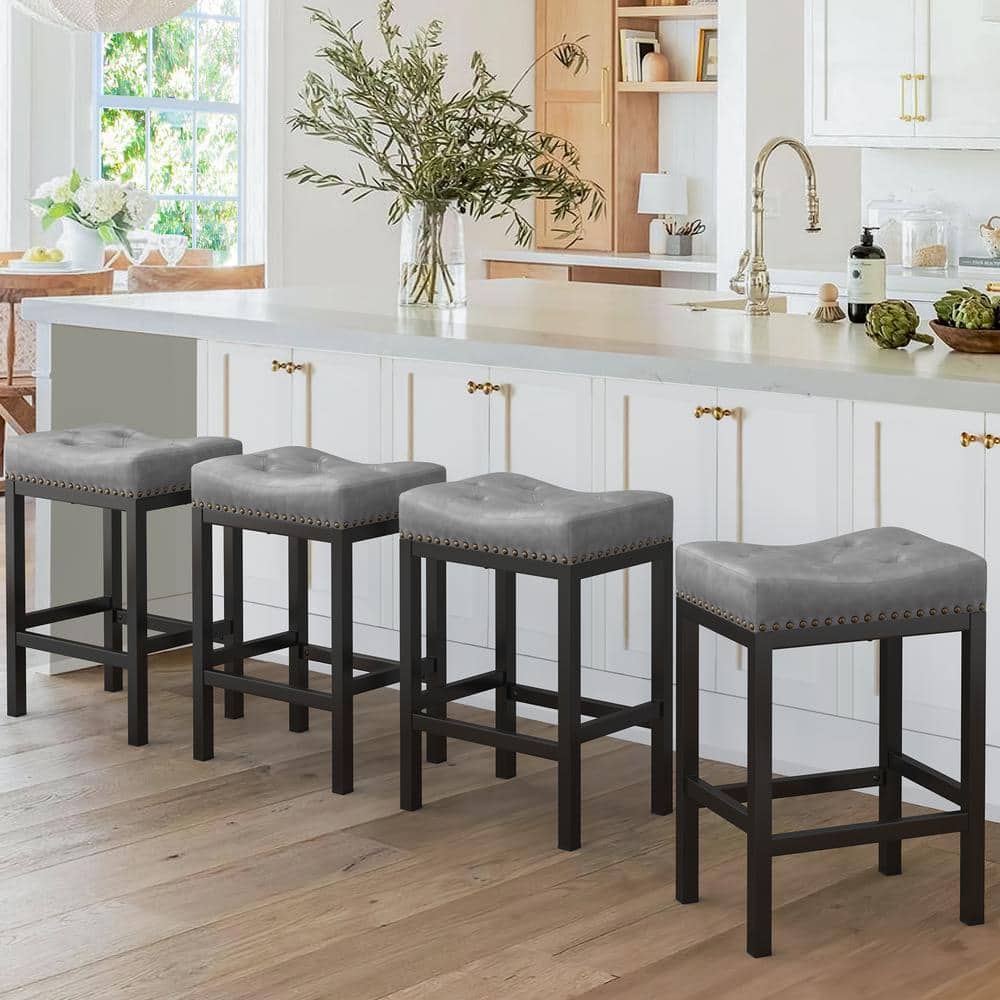 LUE BONA 24 in. Dark Grey Cushioned Backless Faux Leather Saddle Bar stools with Black Metal