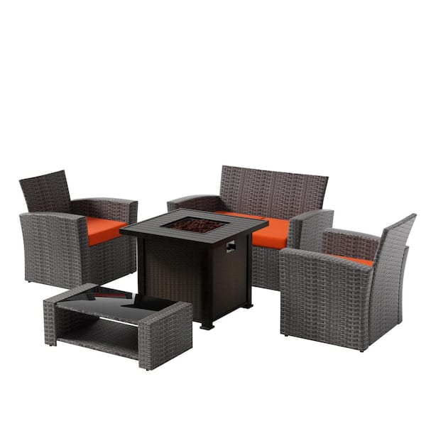 WESTIN OUTDOOR Valencia Gray 5-Piece Wicker Patio Fire Pit Conversation Set with Orange Cushions