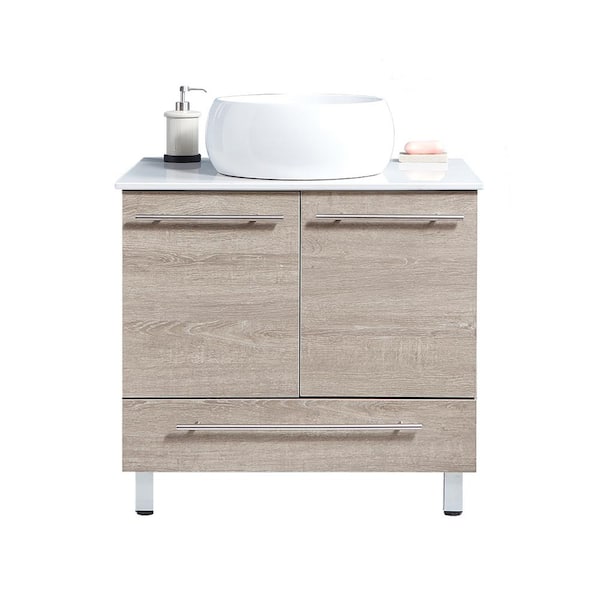 VC CUCINE 30 in. W x 20.5 in D. x 33 in. H Bathroom Vessel Sink Vanity in Gray Wood Grain with White Slate Top with White Basin