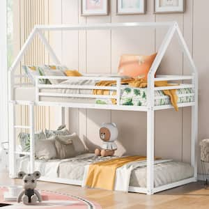 White Twin over Twin Metal House Bunk Bed with Built-in Ladder