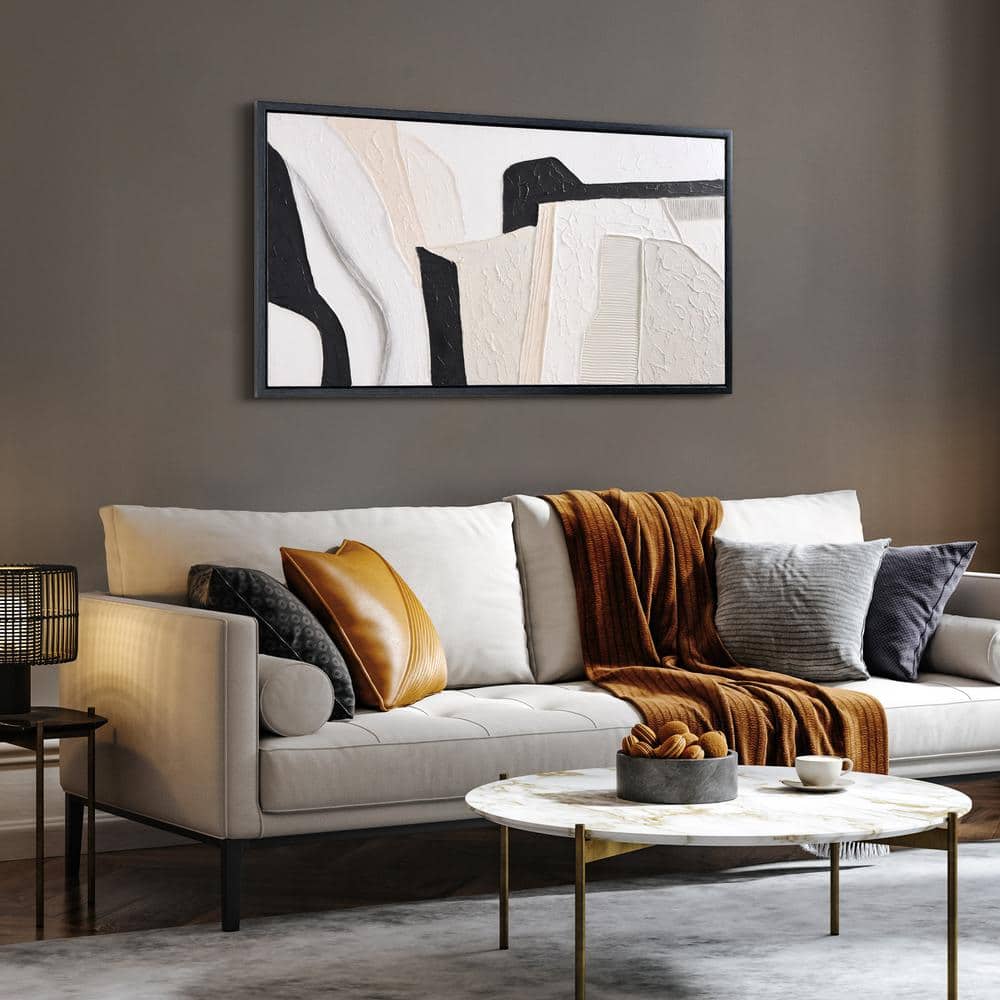Monochrome Abstract Black and White Textured Canvas Painting, 24" x 48"