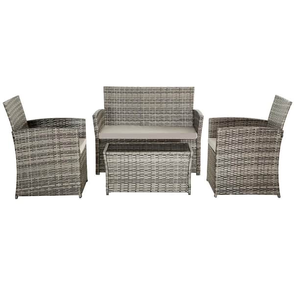 Unbranded 4-Piece Wicker Bistro Patio Conversation Set with Glass-Top Table and Gray Cushions
