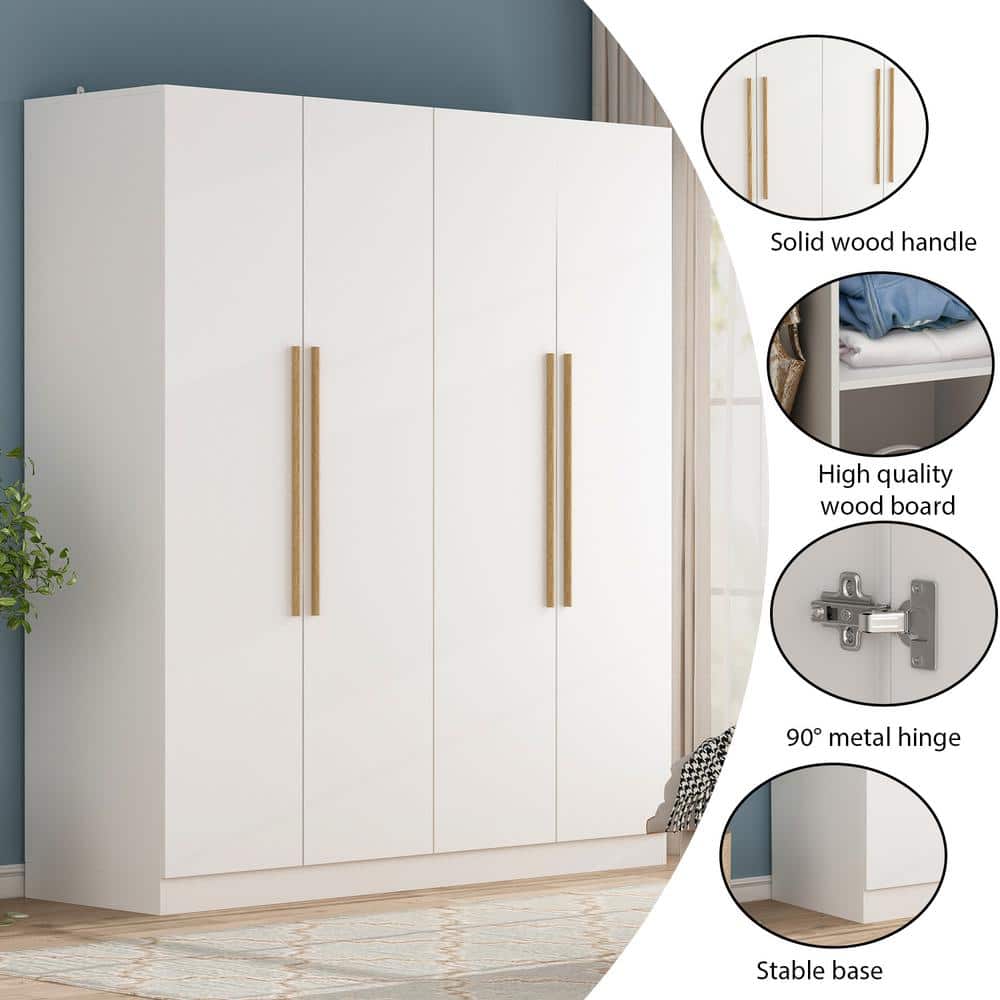 White 4-Door Wardrobe Armoire with Natural Wood Handles