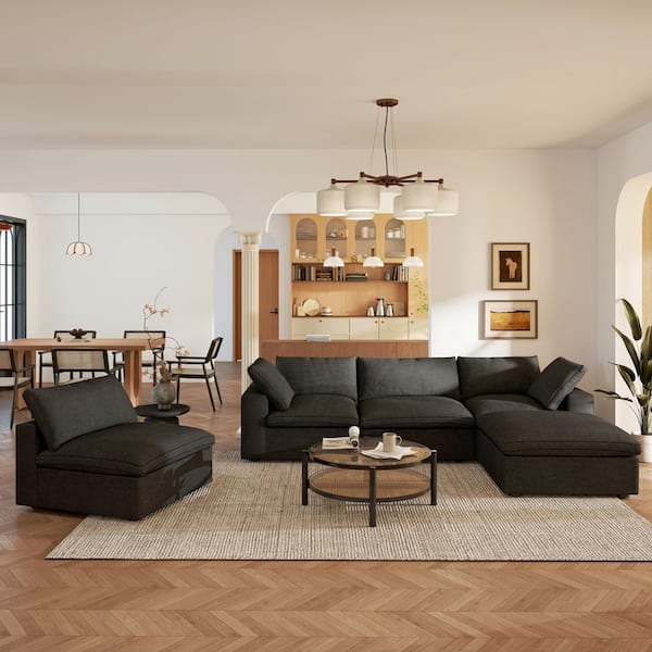 5-Piece Cloud Couch Down Filled Black Linen Living Room Set with Ottoman and Detachable Covers for Apartment