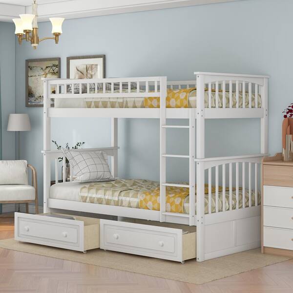 Qualler White Twin Adjustable Bunk Beds with Drawers BEW000240K The