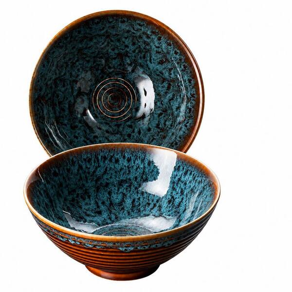 8 Inch Ceramic Ramen Bowl Set of 2, 40 oz Capacity Verdigris Green Microwave and Dishwasher Safe Bowls