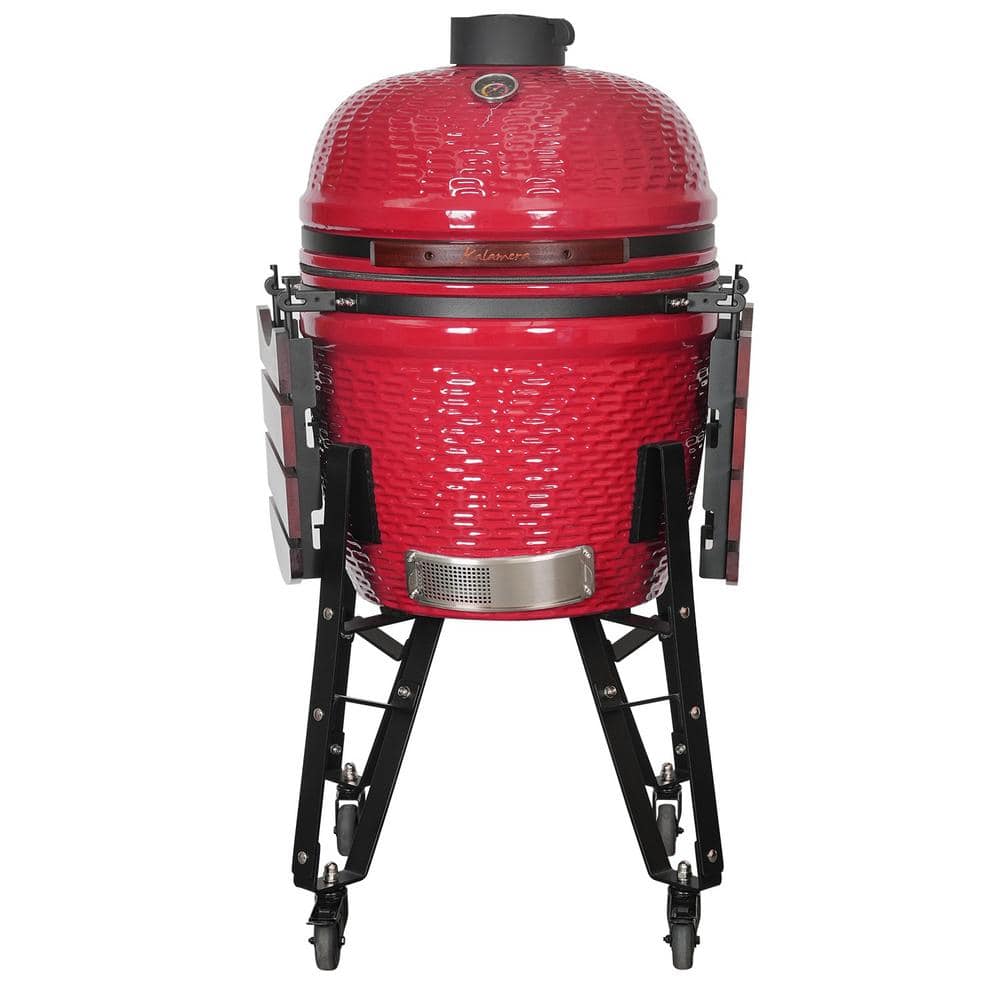 Kalamera 21 in. Kamado Ceramic Charcoal Grill in Red with Cart and Side