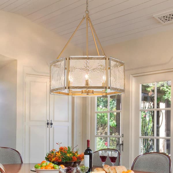 Dvorakova 24.02 in. 6-Light Gold Lantern Drum Chandelier with Water Ripple Glass Shade