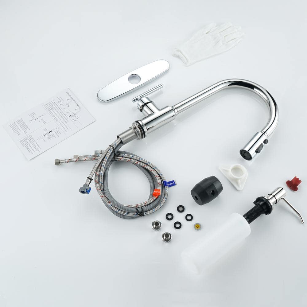 Polished Chrome Stainless Steel Pull Down Kitchen Faucet with Soap Dispenser