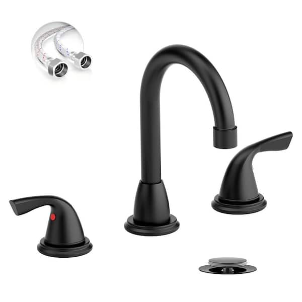 3 Hole 8 in. Bathroom Sink Faucet, Mate Black Widespread 2 Handle Modern Vanity Faucet with Metal Pop up Drain