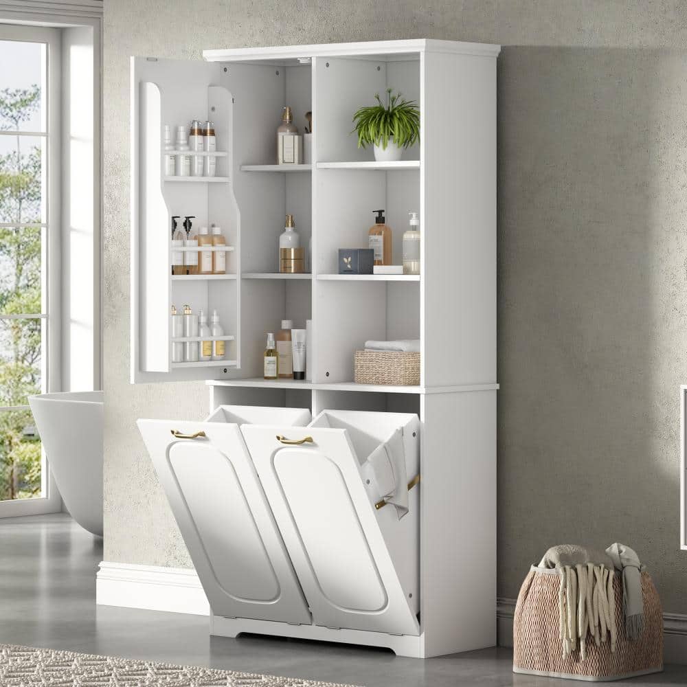 Qualler White 68 in. H Freestanding Linen Cabinet with 2 Tilt-Out