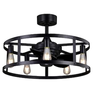Akron 25 in. Indoor/Outdoor Black Farmhouse Drum Cage Chandelier Ceiling Fan with LED Light Kit and Remote