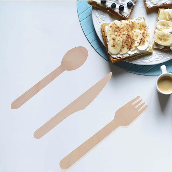 Unbranded Wooden Compostable Utensils Set Eco-Friendly Biodegradable Disposable Utensils Set, (100 Forks 100 Spoons 100 Knives)