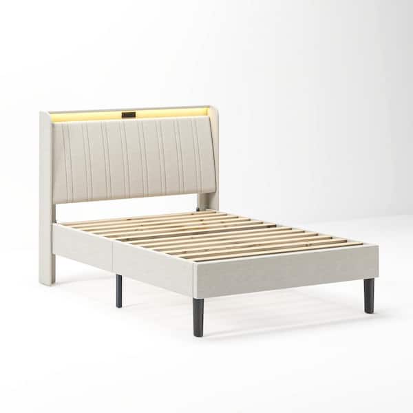 ANBAZAR Beige Metal Frame Twin Size Platform Bed with Upholstered Headboard and Wood Slats