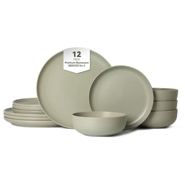 12 Piece Ceramic Stackable Dinnerware Set-Non Toxic Matte Glaze Microwave Dishwasher Safe in Green