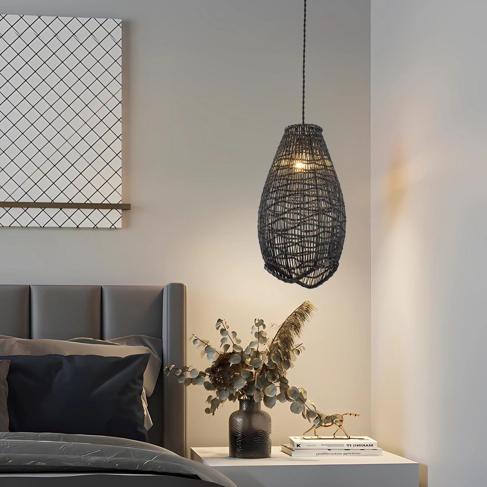Kyoto 60 Watt 20 in. 1-Light Natural Coastal Boho Japandi Pendant Light for Bedroom with Rattan Shade price history on PriceWatchPro