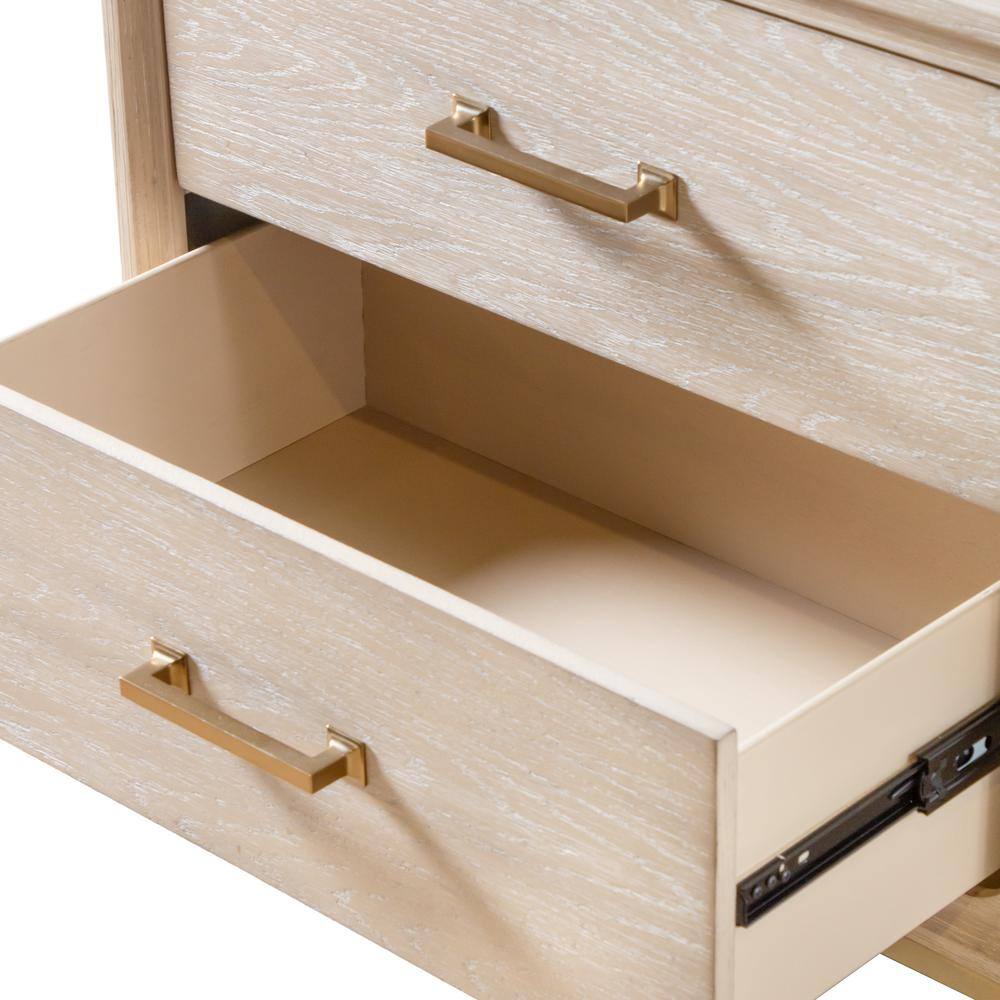Oak and Metal 2-Drawer Nightstand with Brass Handles