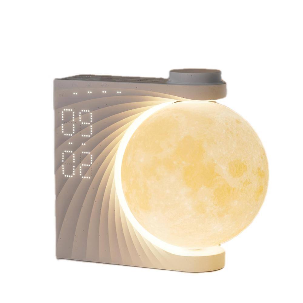 White Moon Night Light Clocks with 10-Light Effects, 15-Ringtones, 30/60/90