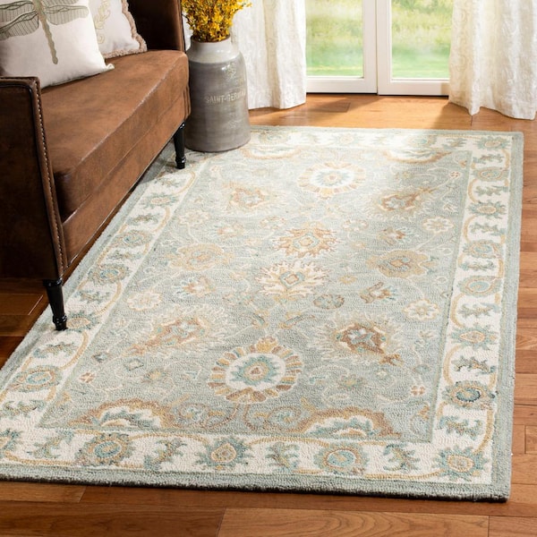 Blossom Aqua/Ivory 8 ft. x 10 ft. Floral Antique Border Area Rug