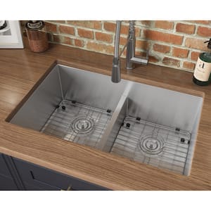 Undermount Stainless Steel 30 in. 50/50 Low Divide Double Bowl 16-Gauge Kitchen Sink