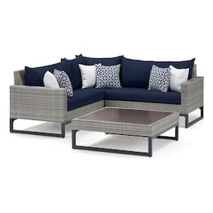 Milo Gray 4-Piece Wicker Outdoor Patio Sectional Seating set with Navy Blue Cushions