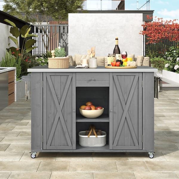 Gray Stainless Steel Top 52.25 in. Kitchen Island with Towel and Spice Racks and a Bottle Opener