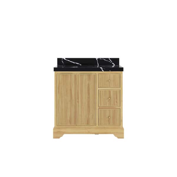 Willow Collections Austin Teak 36 in. W x 22 in. D x 36 in. H Left Offset Sink Bath Vanity in Whitewashed with 2" Calacatta Black Top