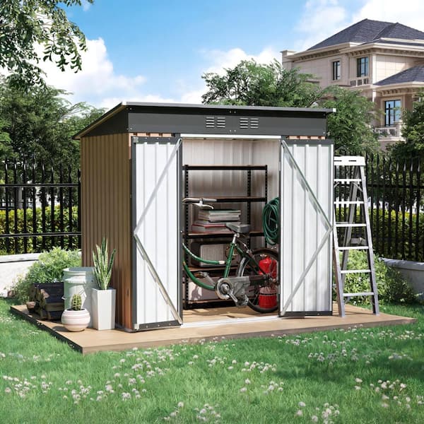 6x4 FT. Metal Garden Shed with Hinge Door and Pent Roof, Brown