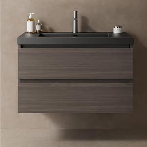 29.5 in. W x 19.69 in. D x 21.65 in. H Single Sink Wall-Mounted Bath Vanity in Dark Walnut with Black Acrylic Top