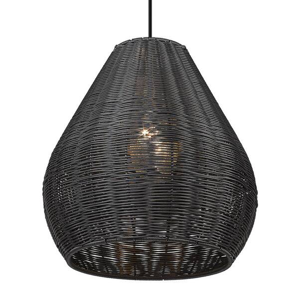 Golden Lighting - Melany 18.125 in. 1-Light Natural Black and Matte Black Wicker Dimmable Outdoor Pendant Light