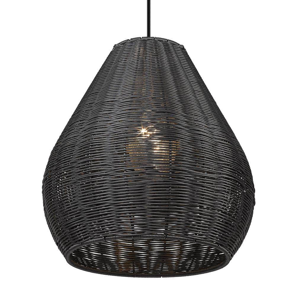 Matte Black Wicker and Glass Outdoor Pendant Light