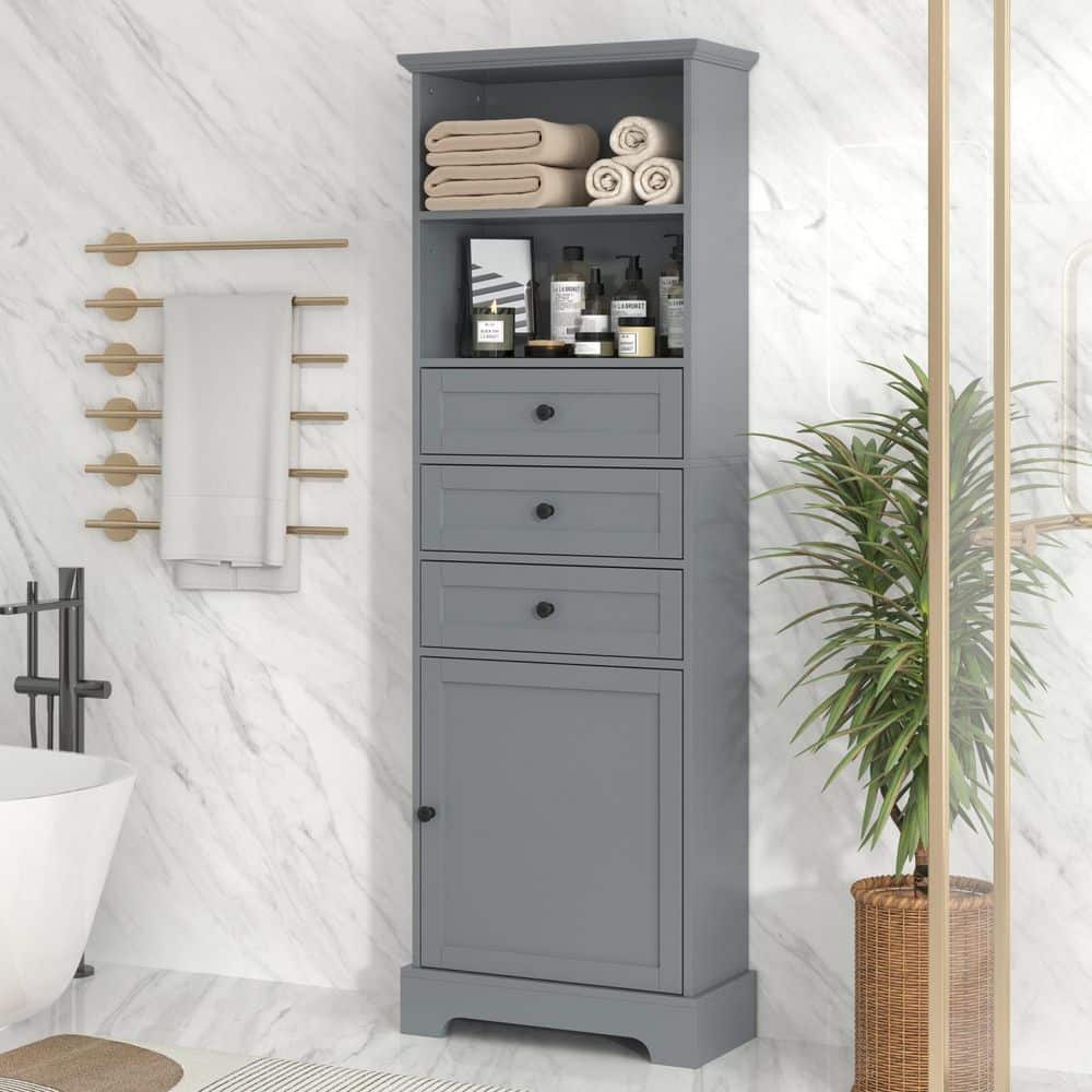 22 in. W x 10 in. D x 67 in. H Gray MDF Linen Cabinet with Three Drawers and Adjustable Shelves in Gray price history on PriceWatchPro