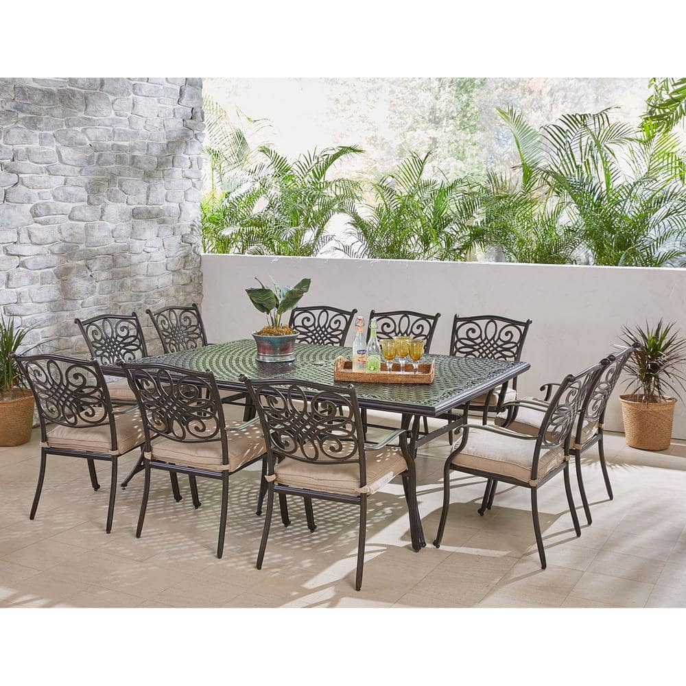 Hanover Traditions 11-Piece Aluminum Outdoor Dining Set with Tan Cushions