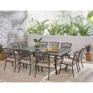 Traditions 11-Piece Aluminum Outdoor Dining Set with 10 Dining Chairs and Tan Cushions