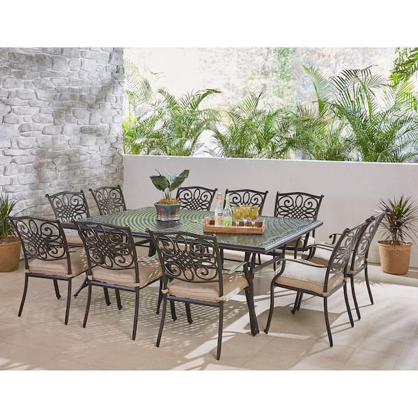 Hanover Traditions 11-Piece Aluminum Outdoor Dining Set with 10 Dining Chairs and Tan Cushions